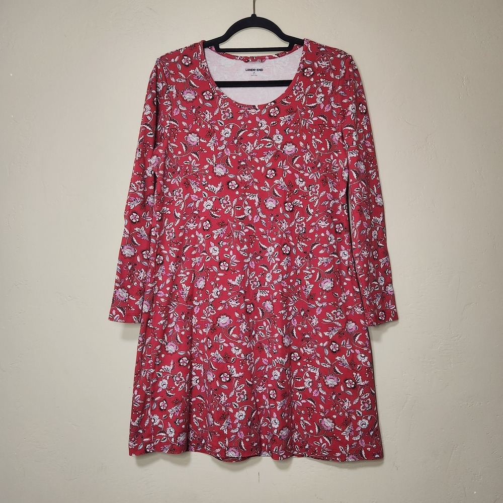 L.L. Bean Red Long Sleeve Floral Pattern Dress Size M‎